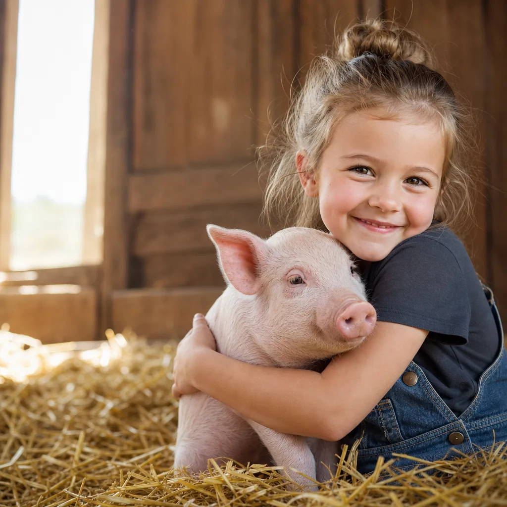 A child hugging a small pig