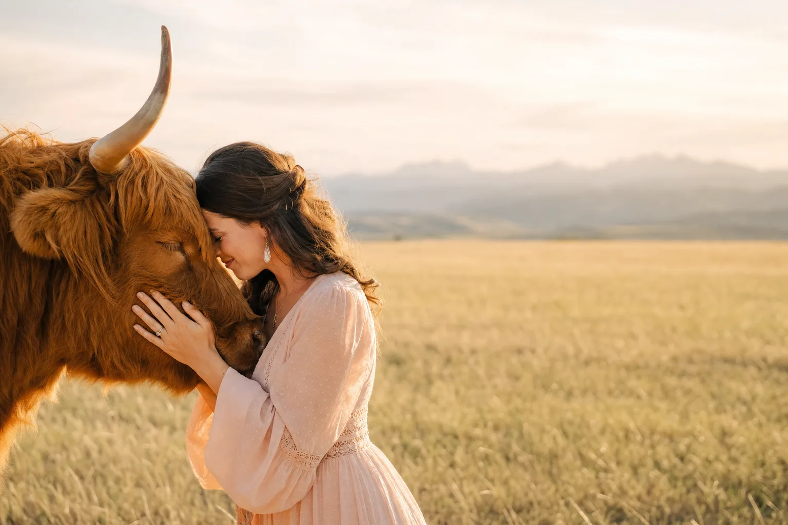 A woman gently pressing her forehead against a Highland cow at Thrive Ranch
